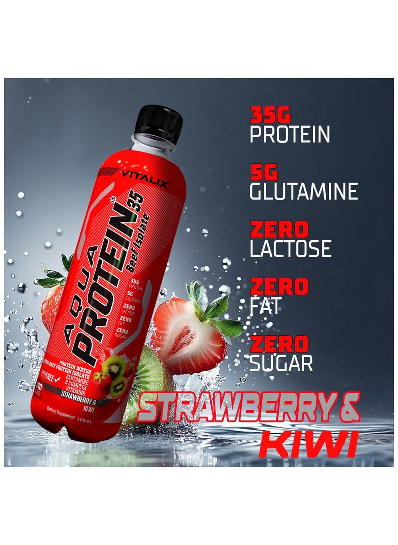 Aqua Protein 35 Beef Isolate Strawberry & Kiwi - 35g Protein Water, 5g Glutamine, Vitamins B,Lactose Free, Sugar Free, Zero Fat - Protein Drink 500ml Pack of 12