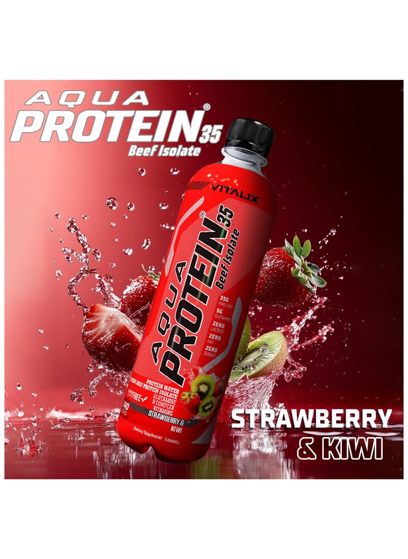 Aqua Protein 35 Beef Isolate Strawberry & Kiwi - 35g Protein Water, 5g Glutamine, Vitamins B,Lactose Free, Sugar Free, Zero Fat - Protein Drink 500ml Pack of 12