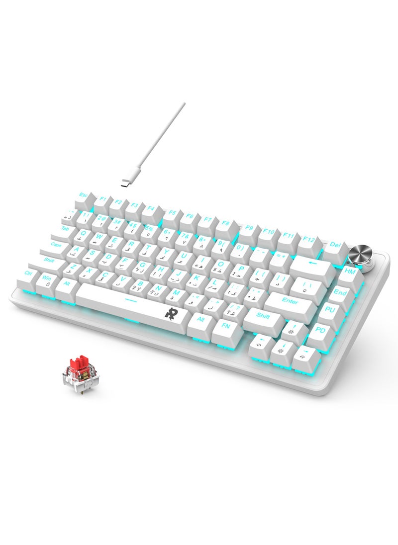 ROCK POW 70% Gaming Keyboard,Arabic English 82 Keys Mechanical Keyboard with Ice Blue Backlit 19 Modes, Volume Lighting Knob Wired Mini PBT Keycaps for PC Gaming and Working (Red Switch)White