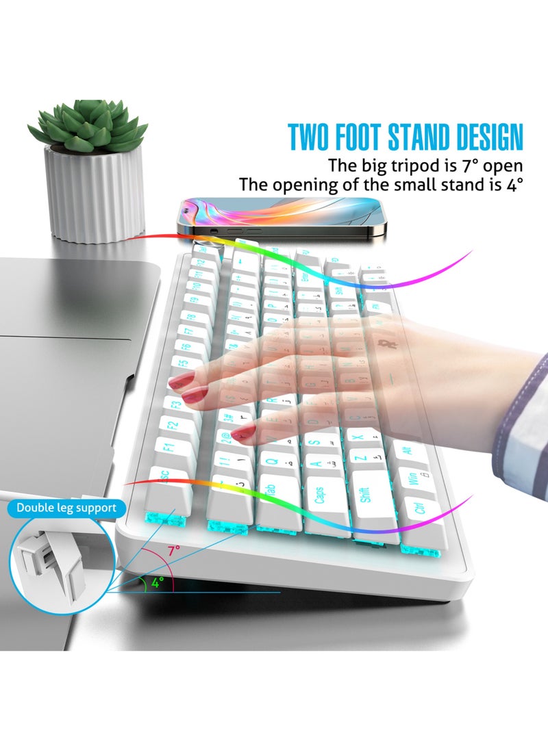 ROCK POW 70% Gaming Keyboard,Arabic English 82 Keys Mechanical Keyboard with Ice Blue Backlit 19 Modes, Volume Lighting Knob Wired Mini PBT Keycaps for PC Gaming and Working (Red Switch)White