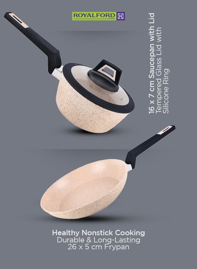 6-Piece Chef Art Granite Coated Cookware Set With Tempered Glass Lids Beige 26x11cm
