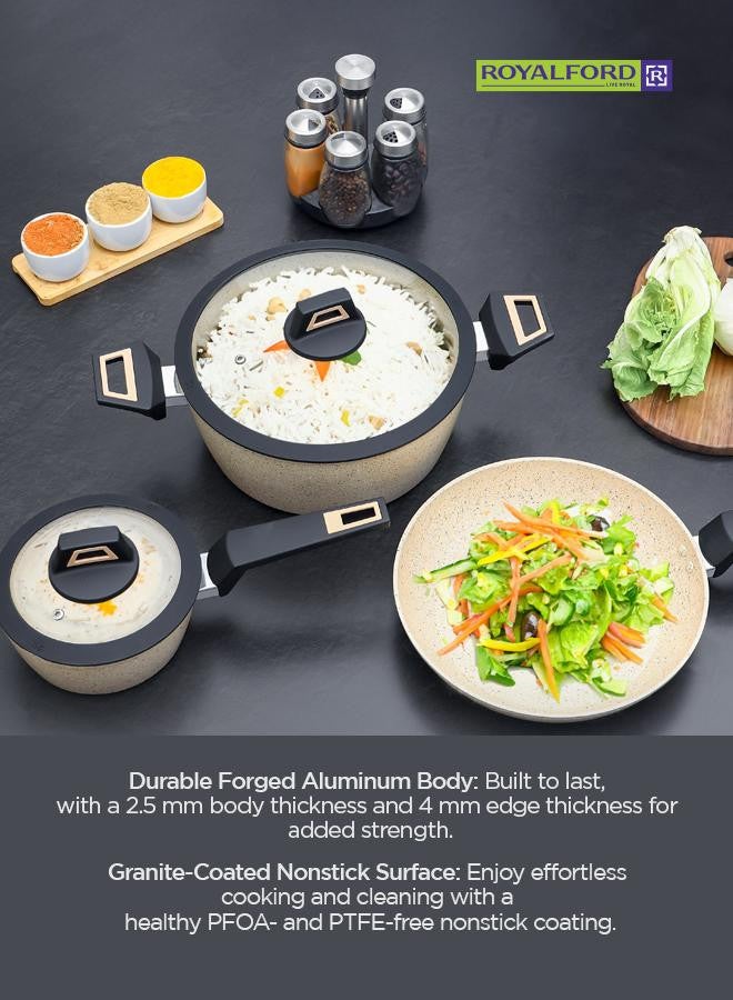 6-Piece Chef Art Granite Coated Cookware Set With Tempered Glass Lids Beige 26x11cm