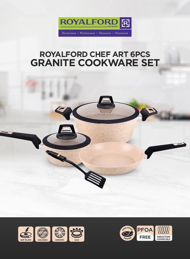 6-Piece Chef Art Granite Coated Cookware Set With Tempered Glass Lids Beige 26x11cm