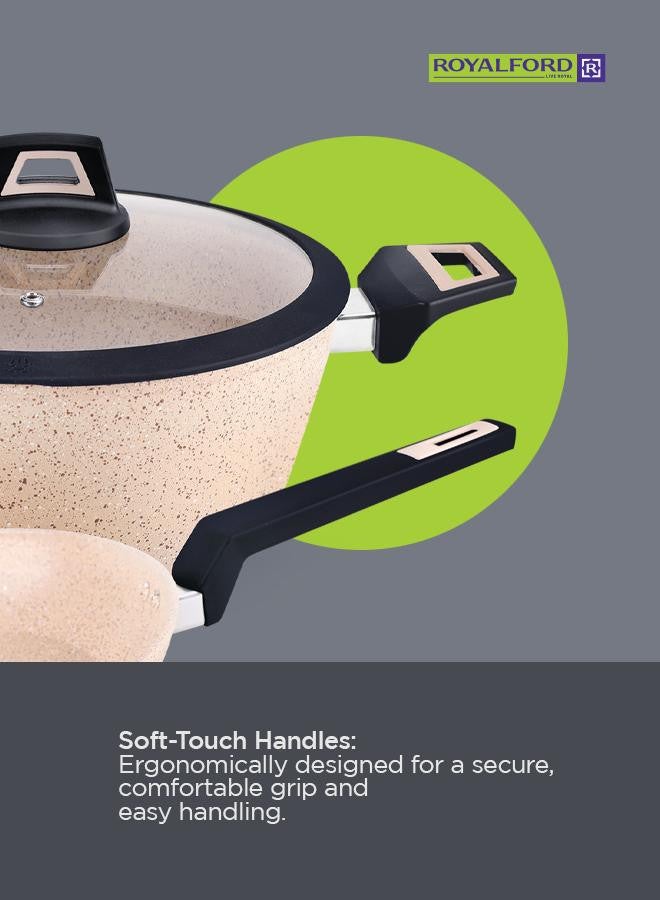 6-Piece Chef Art Granite Coated Cookware Set With Tempered Glass Lids Beige 26x11cm