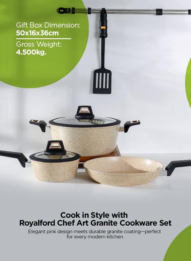 6-Piece Chef Art Granite Coated Cookware Set With Tempered Glass Lids Beige 26x11cm