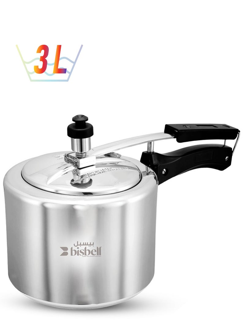 3Liters Premium Aluminium Inner Lid Pressure Cooker, Induction Base, Safety Valve, Black Handle,BB1999 Silver Silver