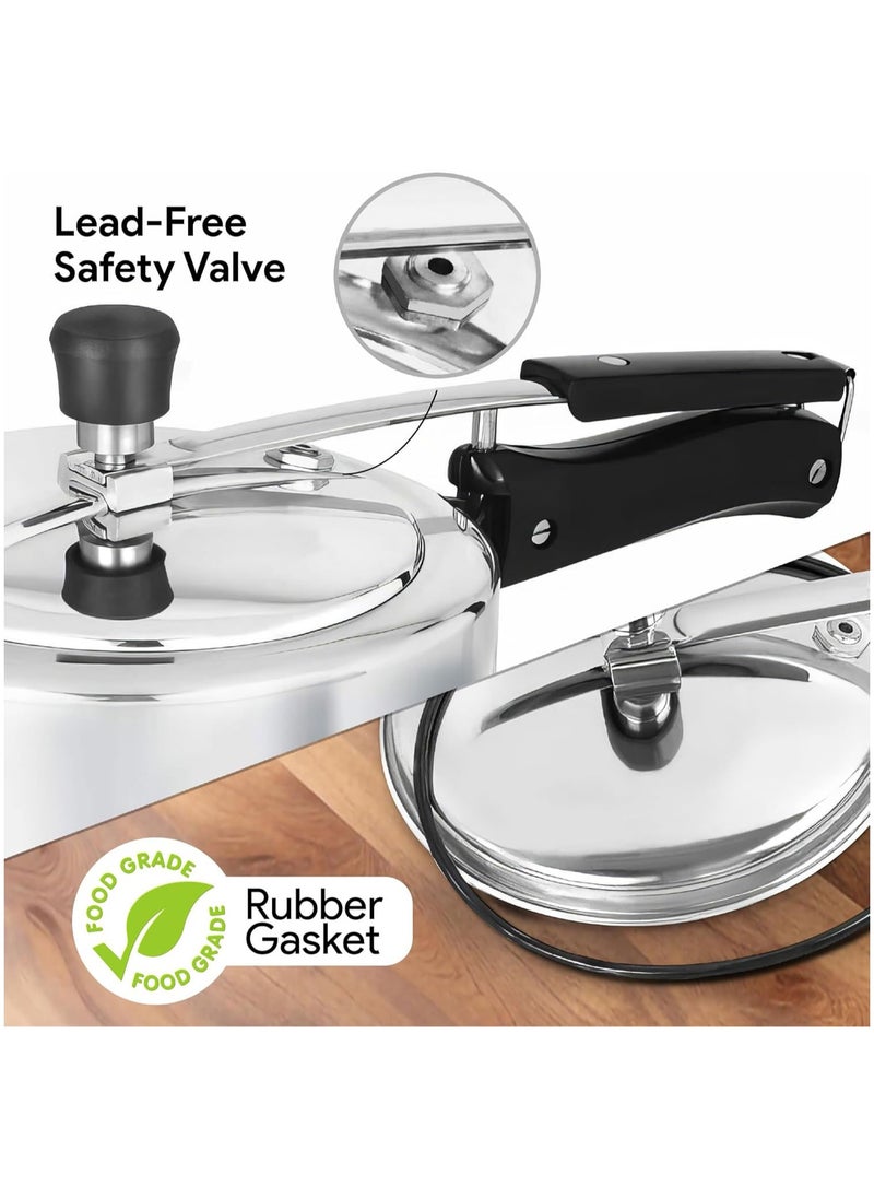 3Liters Premium Aluminium Inner Lid Pressure Cooker, Induction Base, Safety Valve, Black Handle,BB1999 Silver Silver
