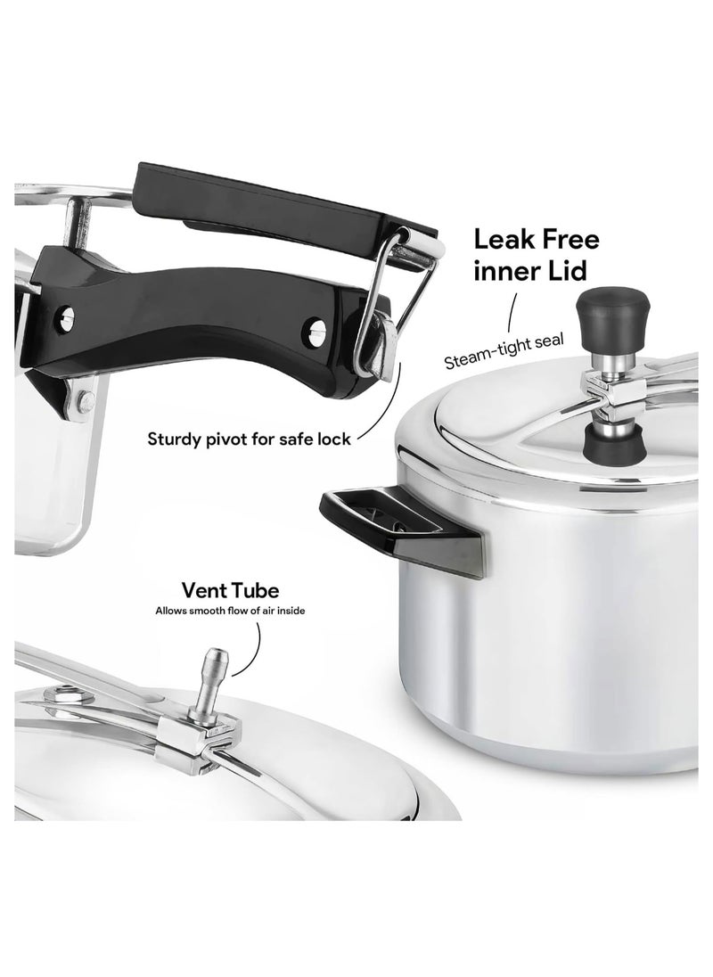 3Liters Premium Aluminium Inner Lid Pressure Cooker, Induction Base, Safety Valve, Black Handle,BB1999 Silver Silver