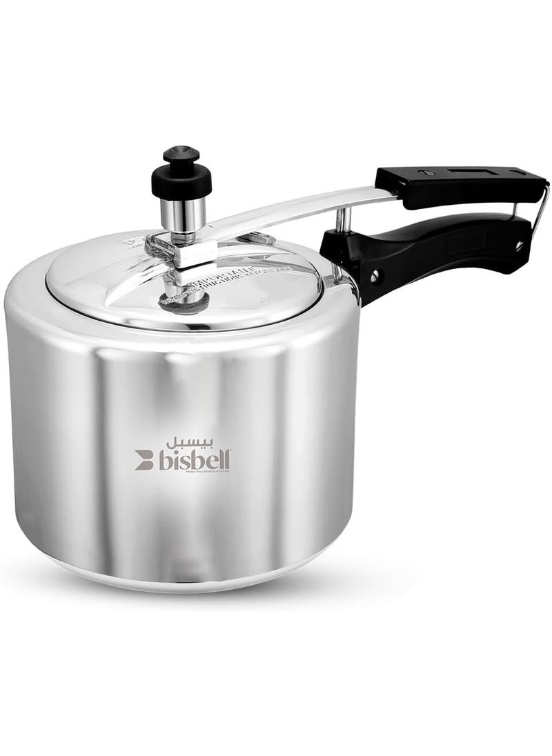 3Liters Premium Aluminium Inner Lid Pressure Cooker, Induction Base, Safety Valve, Black Handle,BB1999 Silver Silver