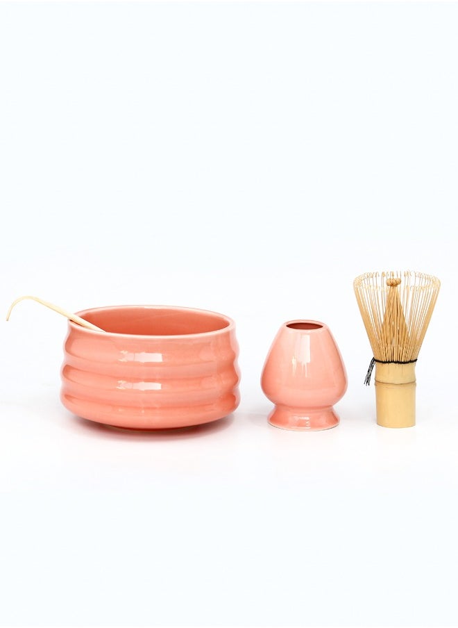 4-piece Japanese Matcha Set, Ceramic Matcha Bowl+Whisk Holder+Bamboo Whisk+Spoon,for Traditional Tea Ceremony-Coarse Ceramic Perfect Handmade Matcha Kit to Prepare Traditional Matcha Tea, 100% Natural Matcha Gift Kit (pink)