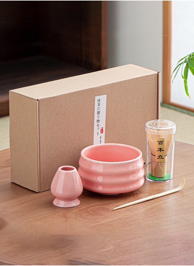 4-piece Japanese Matcha Set, Ceramic Matcha Bowl+Whisk Holder+Bamboo Whisk+Spoon,for Traditional Tea Ceremony-Coarse Ceramic Perfect Handmade Matcha Kit to Prepare Traditional Matcha Tea, 100% Natural Matcha Gift Kit (pink)