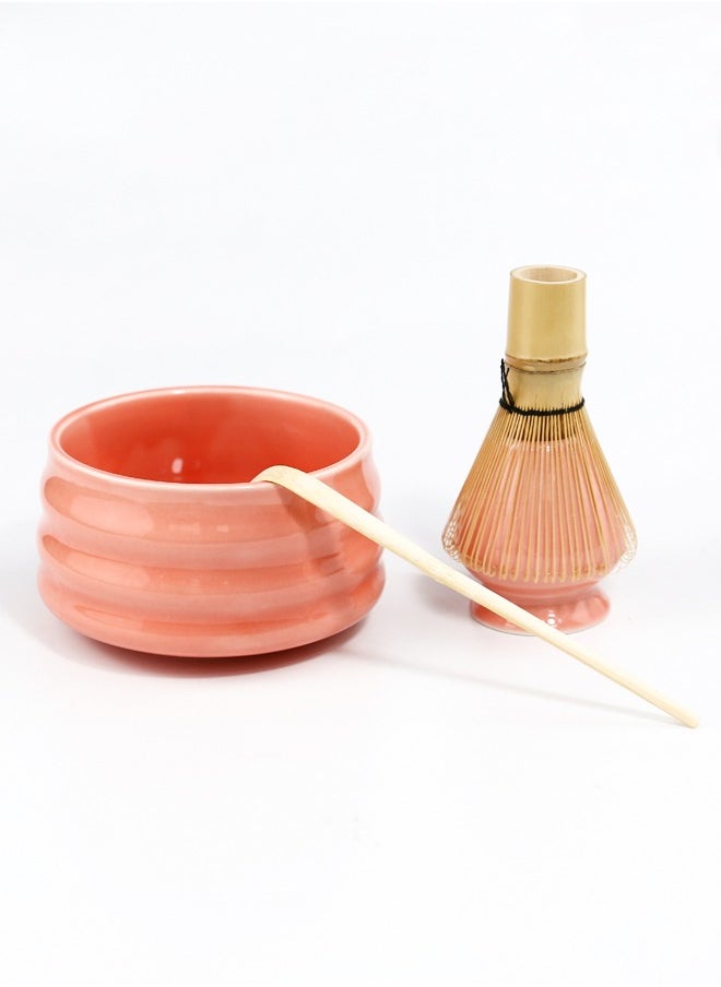 4-piece Japanese Matcha Set, Ceramic Matcha Bowl+Whisk Holder+Bamboo Whisk+Spoon,for Traditional Tea Ceremony-Coarse Ceramic Perfect Handmade Matcha Kit to Prepare Traditional Matcha Tea, 100% Natural Matcha Gift Kit (pink)