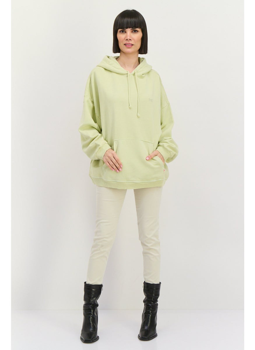 Women Embroidered Long Sleeves Hooded Sweatshirt, Mint Green