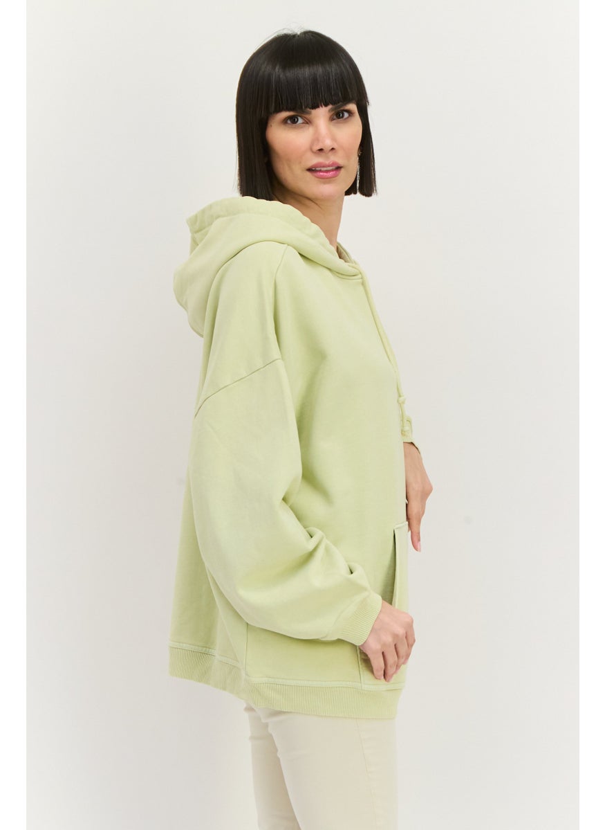 Women Embroidered Long Sleeves Hooded Sweatshirt, Mint Green