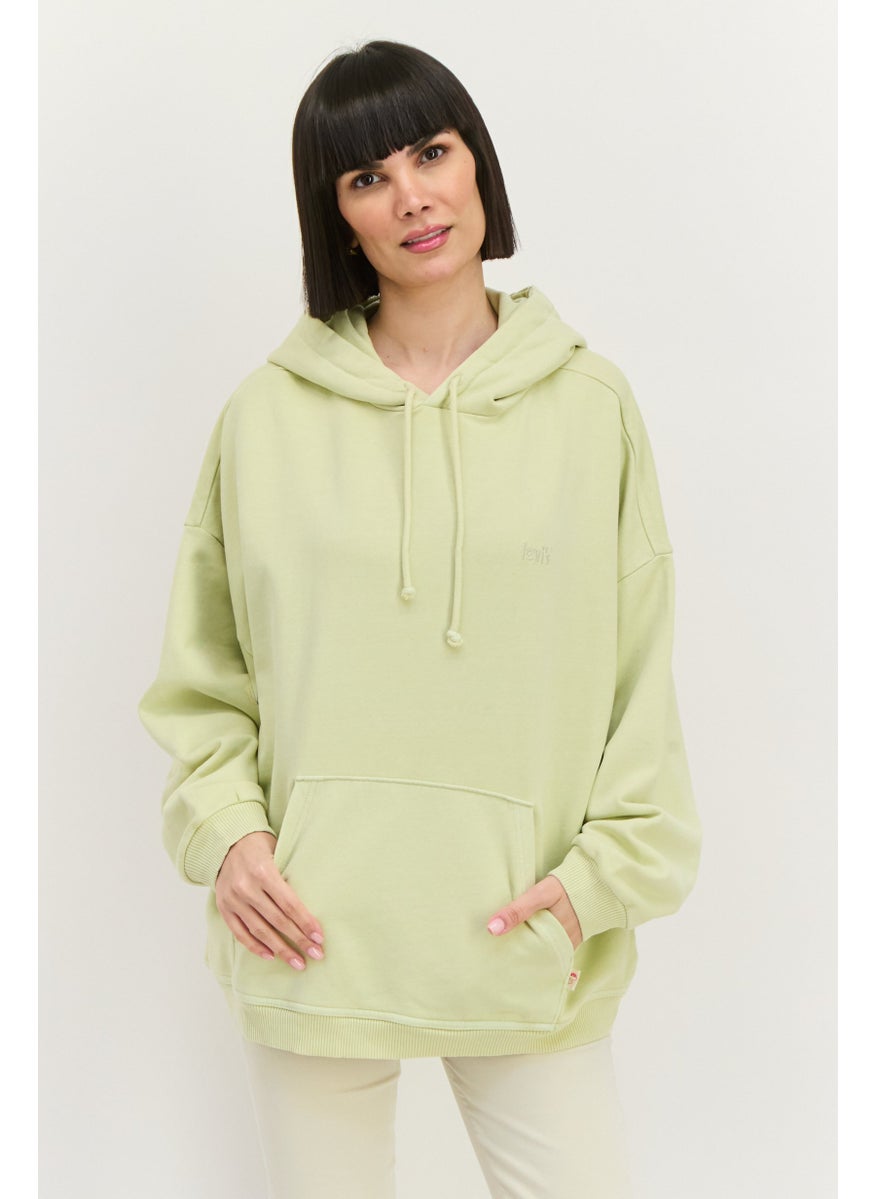 Women Embroidered Long Sleeves Hooded Sweatshirt, Mint Green