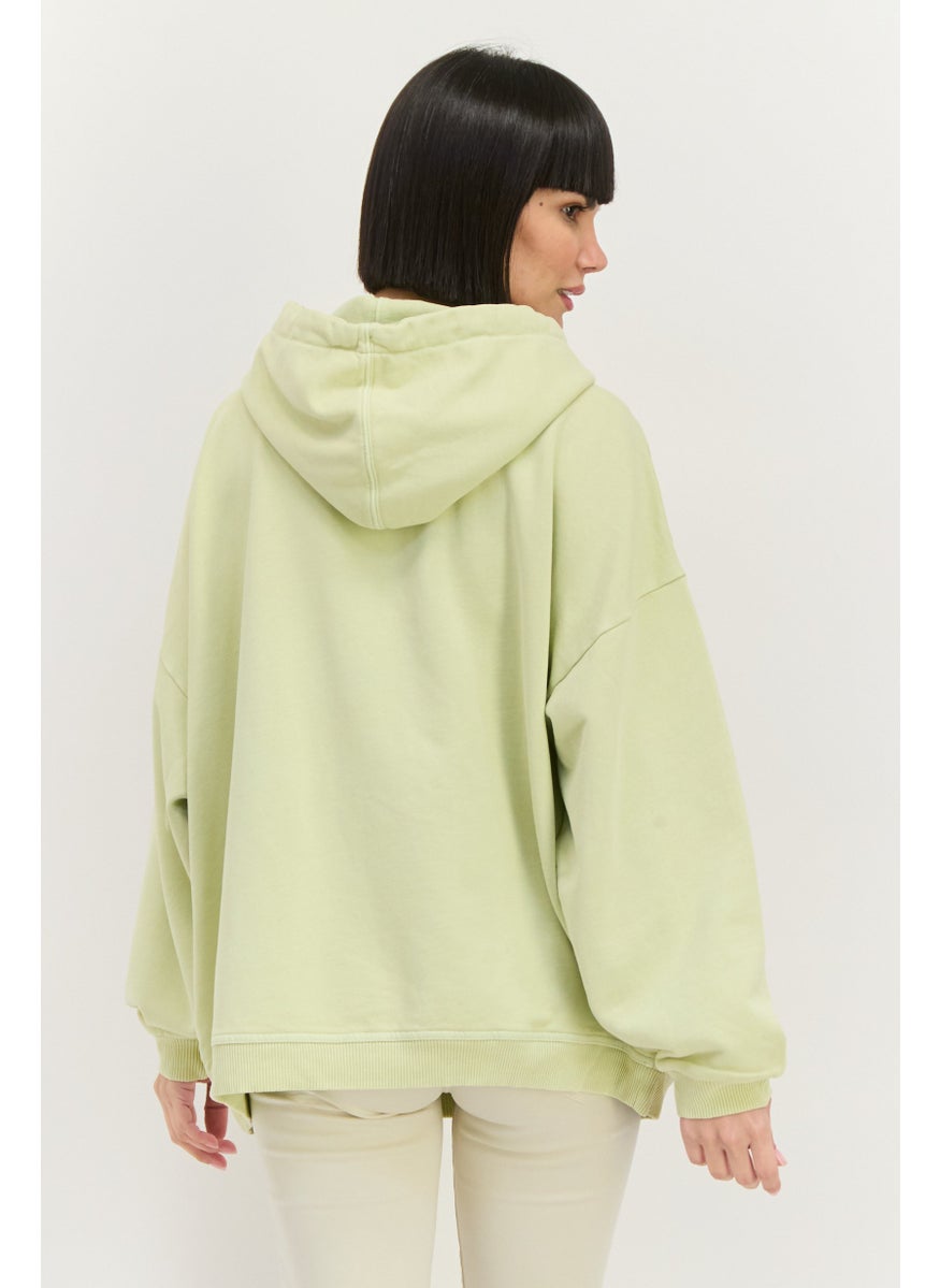 Women Embroidered Long Sleeves Hooded Sweatshirt, Mint Green