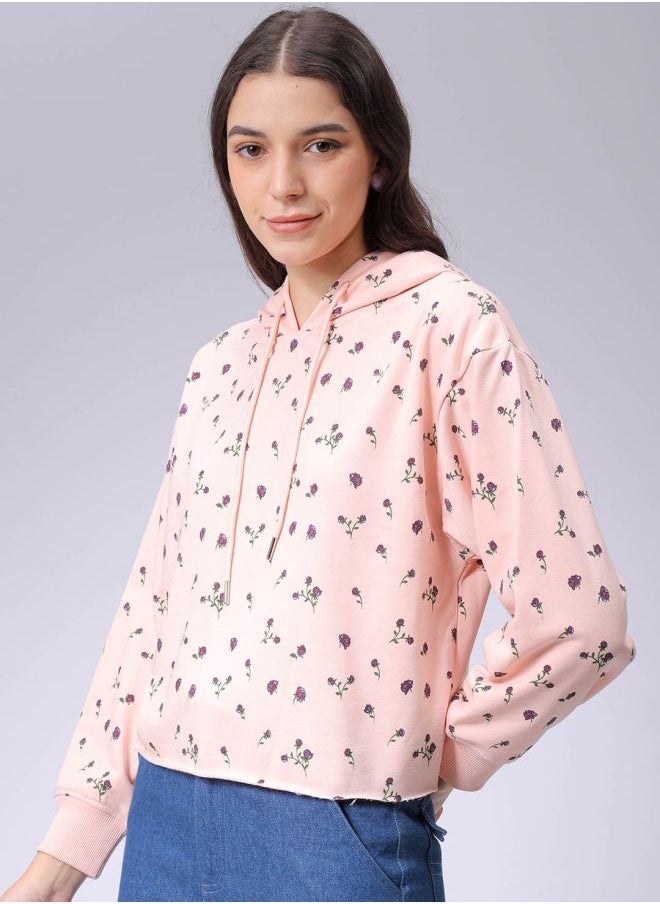 Women Relaxed Fit Ditsy Printed Hooded Sweatshirt