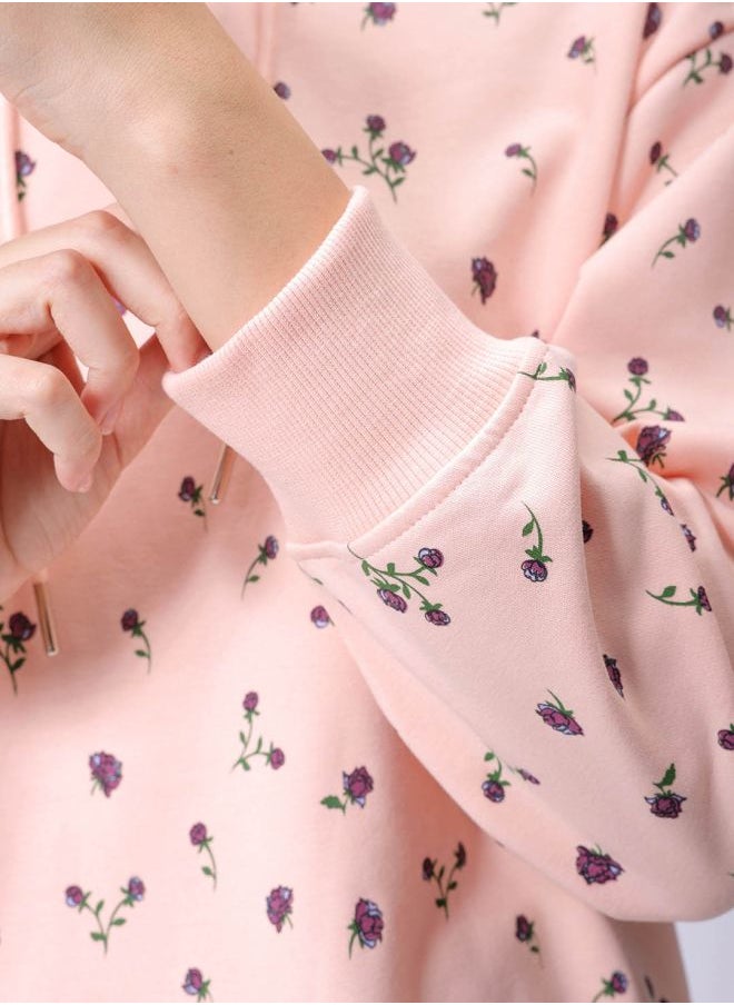 Women Relaxed Fit Ditsy Printed Hooded Sweatshirt