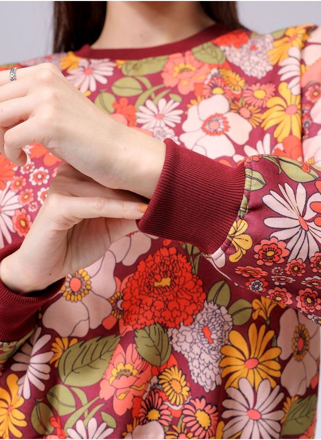 Women Relaxed Fit Floral Print Crewneck Sweatshirt