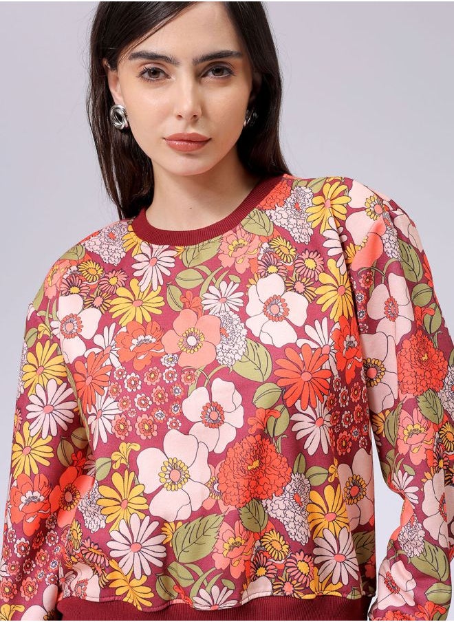 Women Relaxed Fit Floral Print Crewneck Sweatshirt