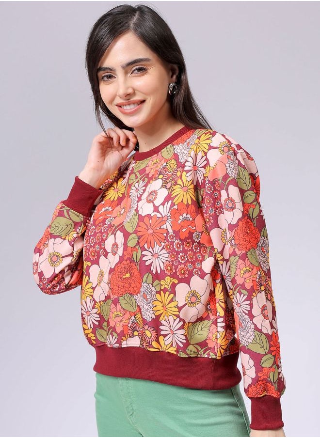 Women Relaxed Fit Floral Print Crewneck Sweatshirt