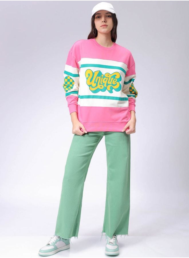 Women Loose Fit Typographic Oversized Sweatshirt