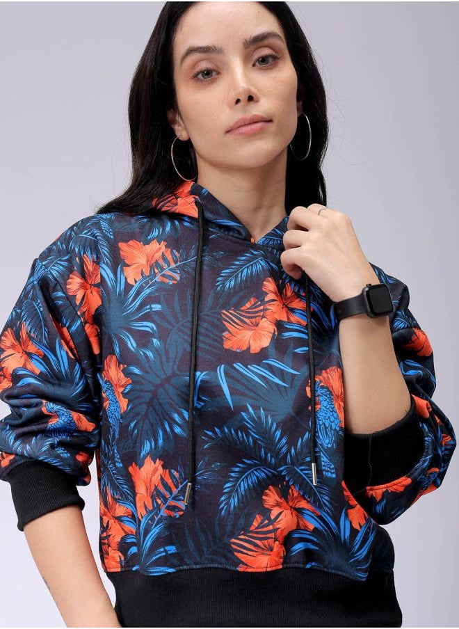 Women Relaxed Fit Floral Print Hooded Sweatshirt