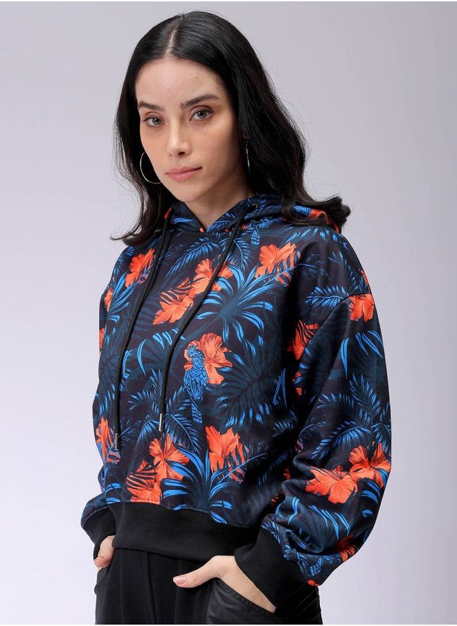 Women Relaxed Fit Floral Print Hooded Sweatshirt