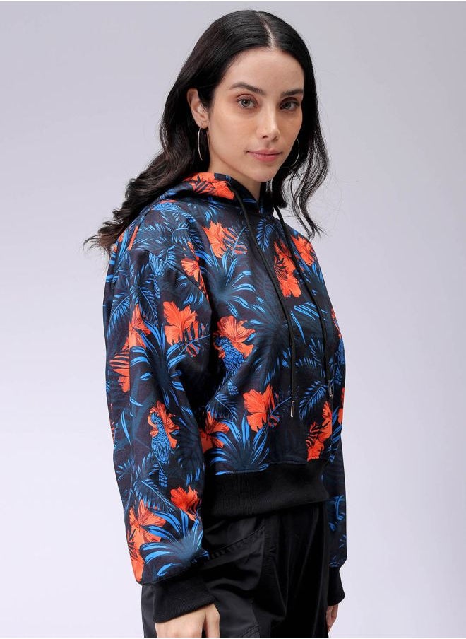 Women Relaxed Fit Floral Print Hooded Sweatshirt