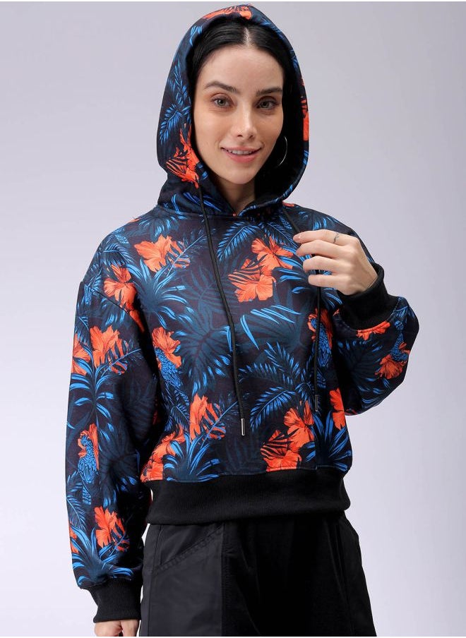 Women Relaxed Fit Floral Print Hooded Sweatshirt