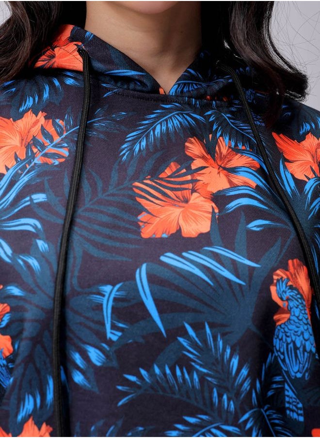 Women Relaxed Fit Floral Print Hooded Sweatshirt