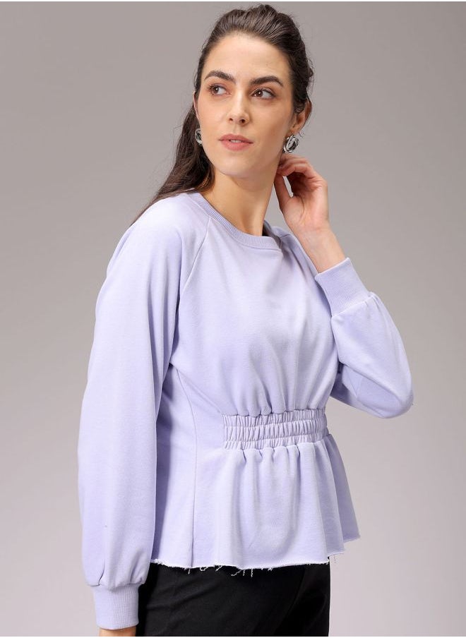 Women Fit and Flared Solid Shirred Sweatshirt
