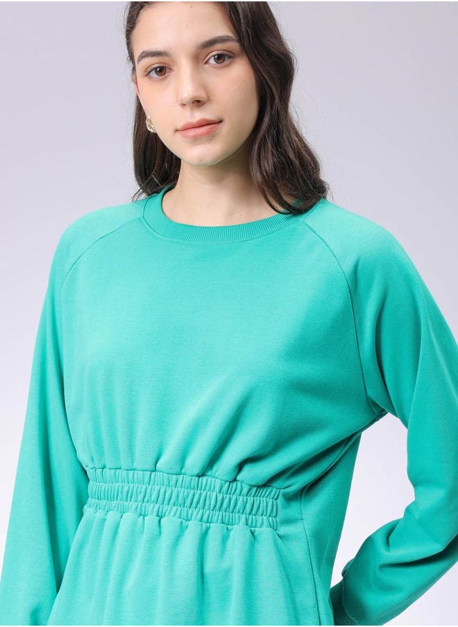 Women Fit and Flared Solid Shirred Sweatshirt