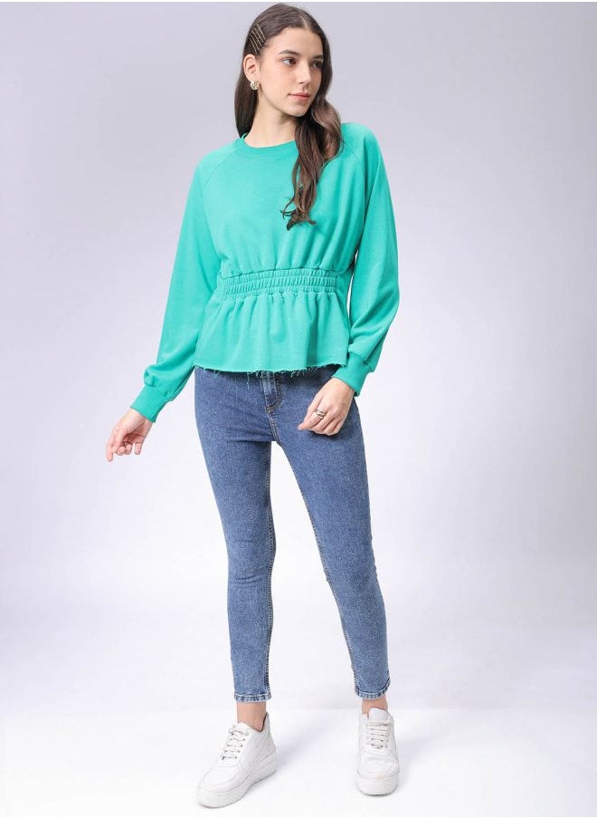 Women Fit and Flared Solid Shirred Sweatshirt