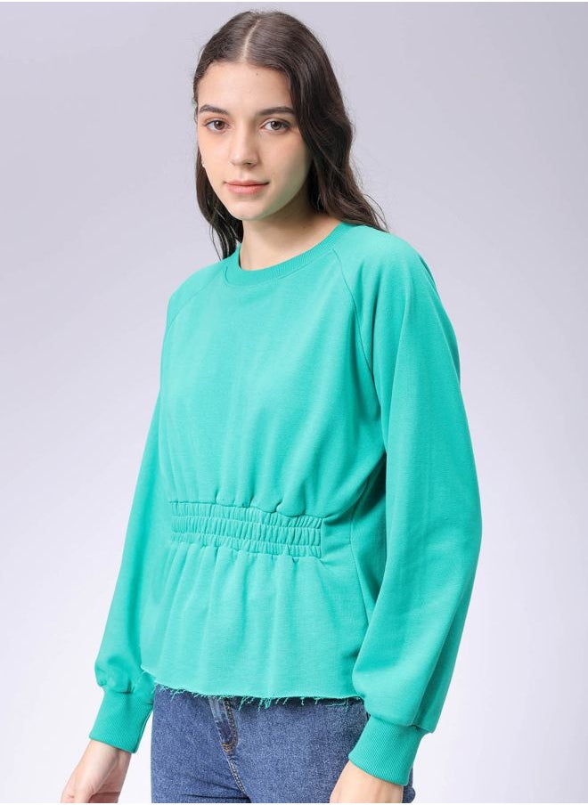 Women Fit and Flared Solid Shirred Sweatshirt