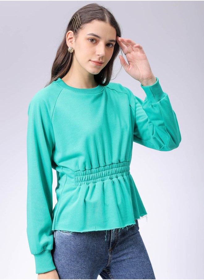 Women Fit and Flared Solid Shirred Sweatshirt