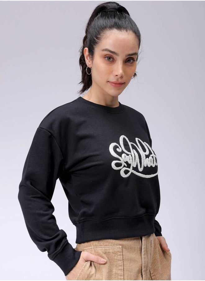 Women Relaxed Fit Typographic Cropped Sweatshirt