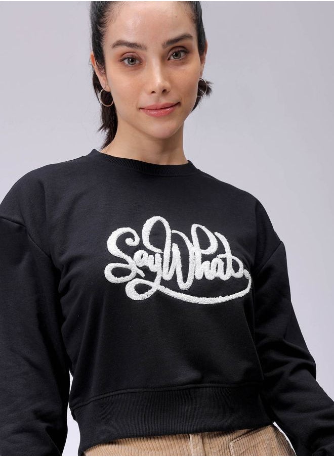 Women Relaxed Fit Typographic Cropped Sweatshirt