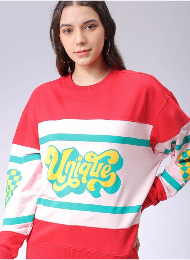 Women Loose Fit Typographic Oversized Sweatshirt