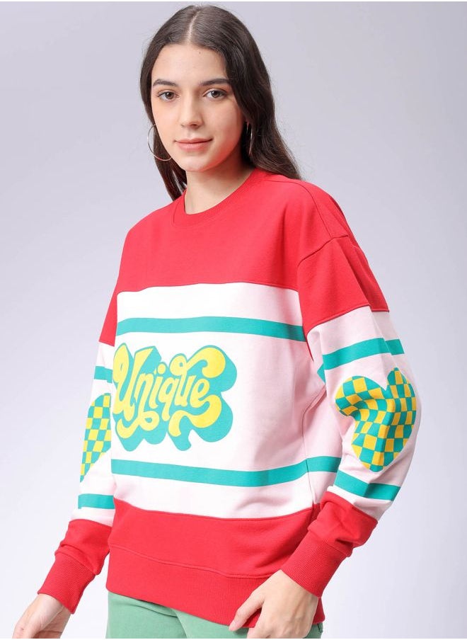 Women Loose Fit Typographic Oversized Sweatshirt