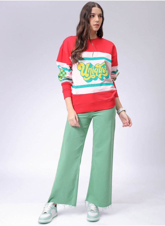 Women Loose Fit Typographic Oversized Sweatshirt
