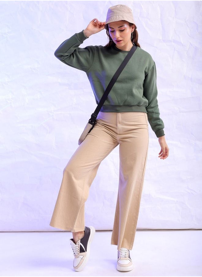 Women Regular Fit Solid Overhead Crewneck Sweatshirt