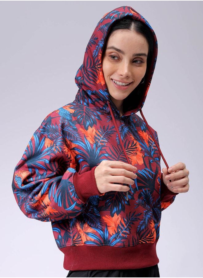 Women Relaxed Fit Floral Print Hooded Sweatshirt