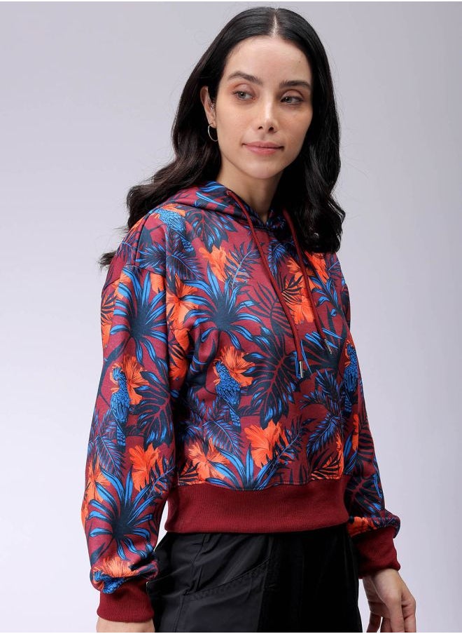 Women Relaxed Fit Floral Print Hooded Sweatshirt