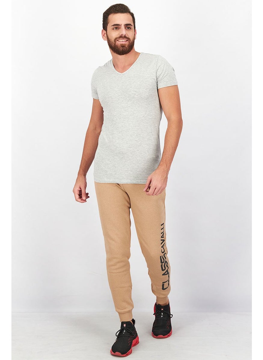 Men Regular Fit Drawstring Brand Logo Pants, Tan