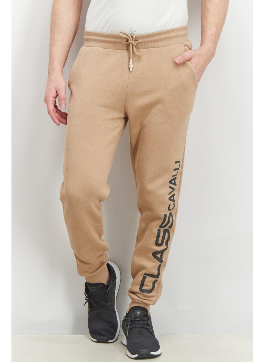 Men Regular Fit Drawstring Brand Logo Pants, Tan