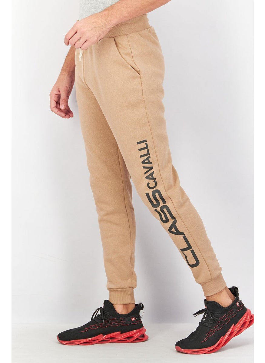 Men Regular Fit Drawstring Brand Logo Pants, Tan