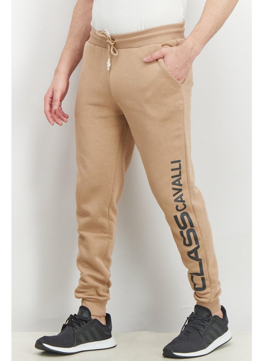 Men Regular Fit Drawstring Brand Logo Pants, Tan