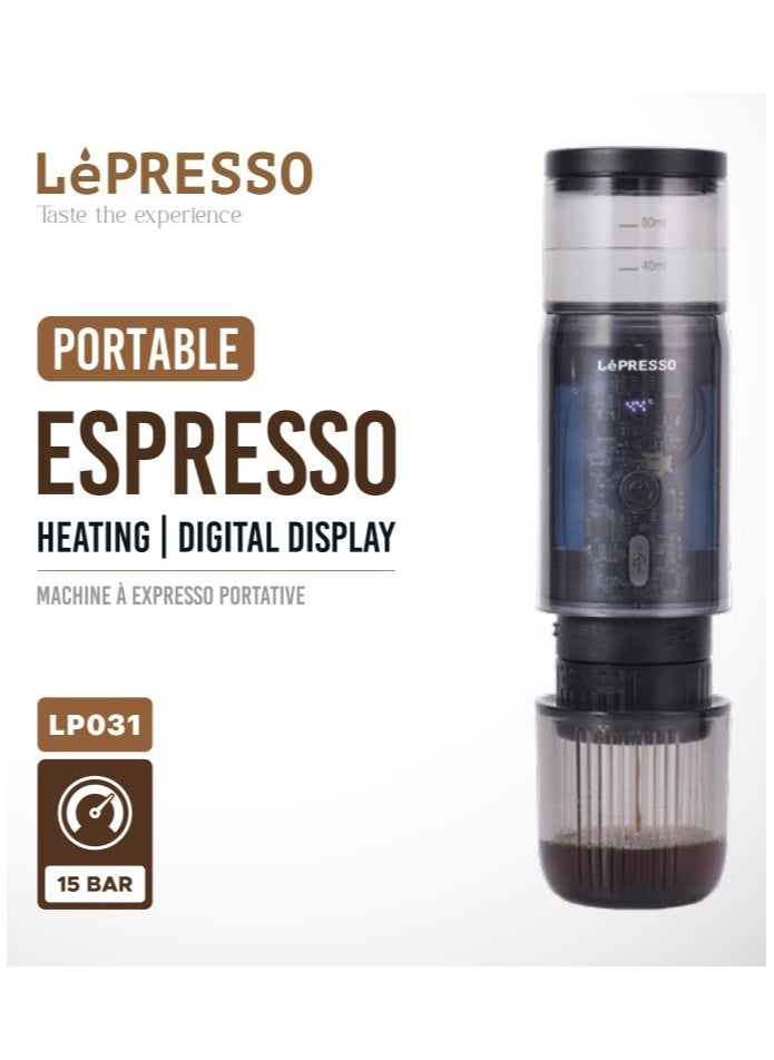 Portable 80ml Espresso Maker 15 Bar with Digital Display 135W / Bags and Capsule Included / Heating Extraction / Capsule & Powders / Direct Extraction / Portable Coffee Machine / Food Grade Stainless Steel Material - Black