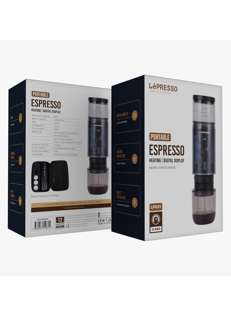 Portable 80ml Espresso Maker 15 Bar with Digital Display 135W / Bags and Capsule Included / Heating Extraction / Capsule & Powders / Direct Extraction / Portable Coffee Machine / Food Grade Stainless Steel Material - Black